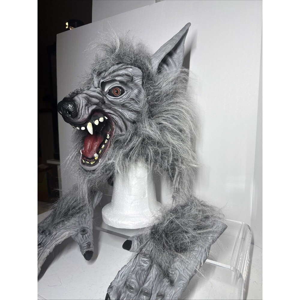 Werewolf Mask Gloves Adult Halloween Gray Full 360 Head Faux Fur Realistic